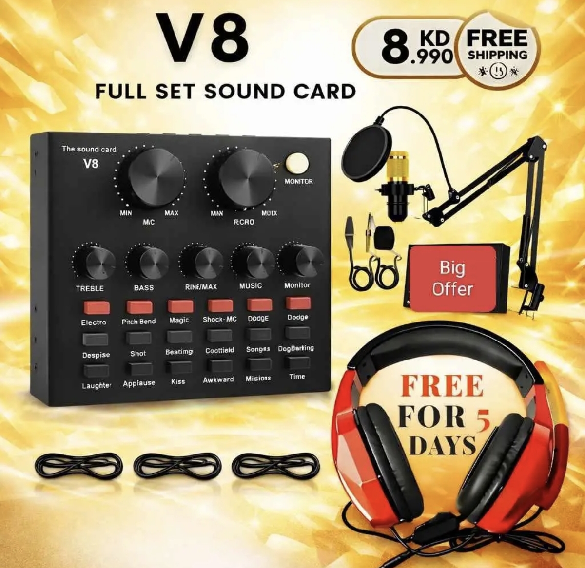 V8 Sound Card Full Set With Free Headphone
